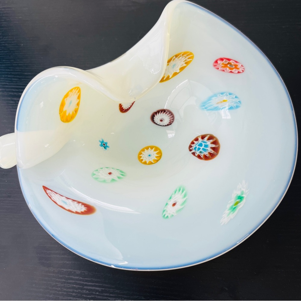Vintage Murano Fratelli Toso Millefiori Opaline Art Glass Bowl Fazzoletto Rare